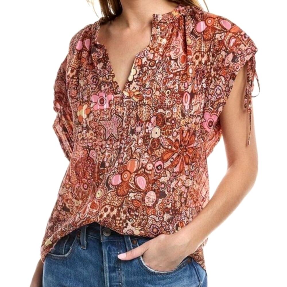 ALC A.L.C. Silk Cotton Floral Print Blouse Top Size 2 Ruched Tie Shoulder Boho